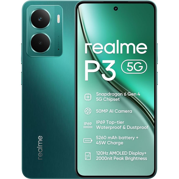 Смартфон Realme P3 5G, 12 + 512 ГБ, аккумулятор 5260 мАч, зарядка 45 Вт, чипсет Snapdragon 6 Gen 4, камера 50 МП AI, дисплей 2000 нит Pro-Esports 120 Гц, IP69, серый (без адаптера)
