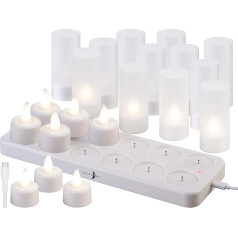 Lunartec Flacker LED Tea Lights: Набор из 24 светодиодных чайных светильников на батарейках с пластиковыми декоративными стаканами и зарядной станцией (э