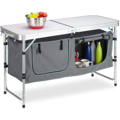 Складной кемпинговый стол Relaxdays, регулируемый по высоте, устойчивый, кемпинговый шкаф, алюминий и МДФ, Ш 120 x Д 47 см, серебристый/белый