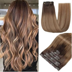 GUDOZO Clip-In Real Hair Extensions, 7 Pieces, 50 cm, 120 g, Chestnut Brown to Light Brown with Light Blonde, Invisible Clip Extensions, Real Hair Extensions (20 Inches, 2/6/18 K#)