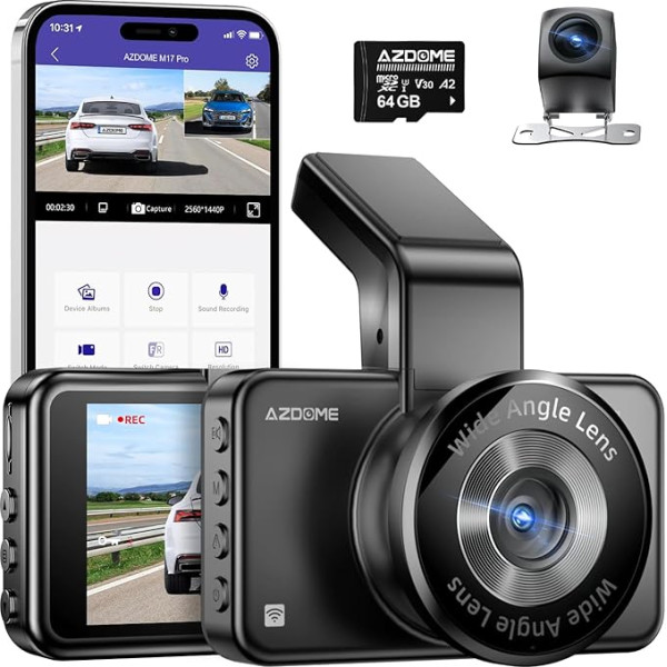 AZDOME Dash Cam Car Front Rear 3K/2K+1080P, WiFi Dash Cam Car Camera 3 Inch IPS Screen with 64GB SD Card, ADAS, Night Vision, WDR, 170° Wide Angle, Loop Recording, Voice Output