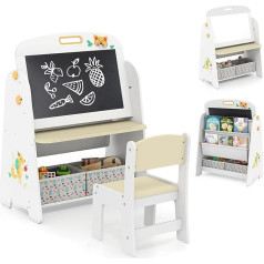 FANTASK Детская доска со стулом, двусторонняя игровая доска с белой доской и книжной полкой, магнитно-меловой доской и тканевым ящиком, детски