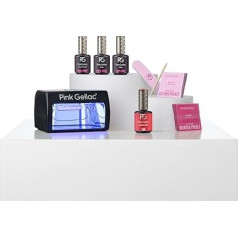 Pink Gellac Dashing Glace Gel Nails Starter Set with LED Light Black, 1 Nude Colour 15 ml, Top Coat Gel UV, Base Coat, Remover and Cleaner - UV Nail Polish Set with Nail Prep