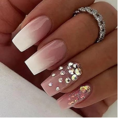 Французский Ложные Ногти Стразы Пресс на Ногти Розовый Градиент Stick на Ногти Искусственные Русские Поддельные Ногти 24шт для Женщин и Девуш