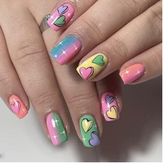 Квадратные Ложные Ногти Розовые Короткие Поддельные Ногти Цвет Сердце Пресс На Ногтях Искусственные Многоразовые Палочки На Ногтях 24шт д