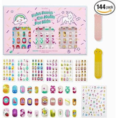 144 Шт. Наклейки на ногти для детей акриловые Ложные ногти Prelucky Полное покрытие Блеск Цвет Градиент Животное Короткие Ложные Ногти Искусств