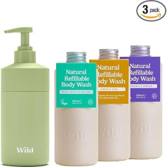 Стартовый набор многоразовых гелей для душа Wild Natural в зеленом футляре и 3 упаковки многоразовых гелей для душа с различными ароматами - коко