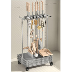 Mopp- und Besenregal - Bodenständer aus Edelstahl mit 12 Haken und 10 Schlitzen für Reinigungsmittel, ideal für Garage, Garten oder Schule