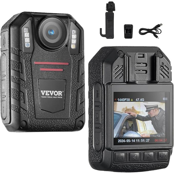 VEVOR 1440P HD полицейская камера, 64GB Body Cam с аудио видео записи изображения, встроенный аккумулятор 2850mAh, 2.0 