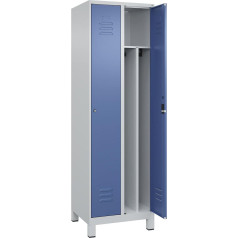 C + P Möbelsysteme C+P | Schwarz-Weiß-Spind Classic Plus | schmal | 2 Abteile | Trennwand verkürzt | lichtgrau/fernblau | B 600 mm | mit Füßen | Zylinderschloss | Trennwand mittig