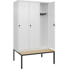 C + P Möbelsysteme C+P | Spind Classic Plus Sitzbank | 3 Abteile | verkehrsweiß | B 1200 mm | Sicherheits-Drehriegel | untergebaut | Buche-Hartholz