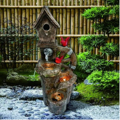 Dekorativer Garten Vogelhaus Dreistöckiger Wasserbrunnen Outdoor mit LED-Leuchten und Wasserrad