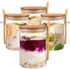 Контейнеры для овса на ночь с деревянной крышкой и ложкой, 16 унций, стеклянные контейнеры для овсянки, пудинга чиа, йогурта, салата, хлопьев,