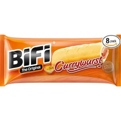 BiFi Currywurst - упаковка из 8 (8 x 60 г) - Закуска из колбасы салями с соусом карри в неплотном тесте - колбаса в пшеничной булочке на скорую руку - на х