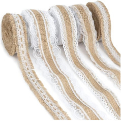 WeddingTree 10 м джутовая лента с кружевом - 5 рулонов по 2 м - декоративная лента с кружевной каймой для подарков, свадьбы, вечеринок и DIY - кружевная