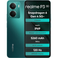 Realme P3 Смартфон 5G 8+256 ГБ, 120 Гц AMOLED дисплей Esports, Snapdragon® 6 Gen 4, 50 Мп AI камера, 6000 мАч аккумулятор, система охлаждения AeroSpace, IP69, зеленый (без адаптер