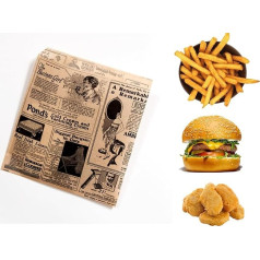- Упаковка из 200 бумажных пакетов для гамбургеров, 19 x 17 см, коричневый газетный рисунок, жиронепроницаемая пищевая бумага, прочная, устойчив