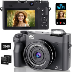 Цифровая камера Gerbala 4K 75MP с WiFi, 3-дюймовый ЖК-экран, 18-кратный зум, передний и задний объективы, карта памяти 32 Гб, 2 аккумулятора, компактная в