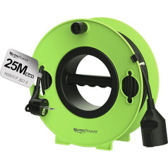 Кабельная катушка MutecPower с удлинительным кабелем Schuko 25 м, сверхплоская вилка с откидной панелью, H05VV-F 3G1.5, 16A/250V, IP20 для использования внутри п