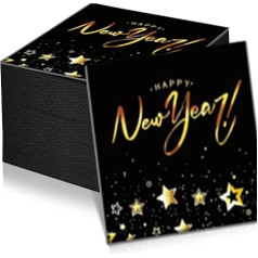 Упаковка 100, размер 33 x 33 см, бумажные салфетки, с Новым годом, черные салфетки с золотой надписью Happy New Year, черный/золотой, Новый год, украшени
