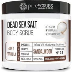 Premium Organic Body Scrub Set, groß, 400 ml, Sandalwood Body Scrub - Dead Sea Salt Infused Organic Essential Oils & Nährstoffe, inkl. Holzlöffel, Loofah und Mini Organic Exfoliating Bar