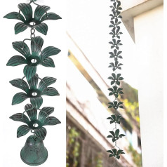 MOCOME Antike blaue Lilienblume mit Tassen-Regenkette für Dachrinnen, funktionale und dekorative Ersatz-Fallrohrkette für den Außenbereich, Metall-Regenfängerkette, 2,5 m
