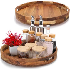 Lazy Susan Walnut Wood Turntable 16 Inch Round Solid Wood Turntable with Handle Rotating Tray for Tabletop/Countertop Kitchen Bathroom Pack of 2