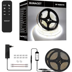 Светодиодная лента Bunacet COB, 12 м, 24 В, диммируемая, холодный белый, 6500 К, самоклеящаяся, 5760 светодиодов, с блоком питания и RF пультом дистанцион