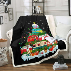 Рождественское одеяло 150 x 200 см Детское одеяло Happy Camping Fleece Blanket Cartoon Camper Cars on Christmas Tree Fuzzy Blanket Gifts for Boys Girls Holiday Sherpa Blanket New Year Room Decor Red Black