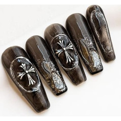 Sun&Beam Nails Ложные ногти ручной работы Длинные ногти в форме гроба Ногти балерины для наклеивания в черный серебристый 3D прохладный модный ди