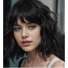 BUYOGET Волнистый Боб Perücke mit Pony Synthetisches Haar Schulterlänge 12 Zoll Kurze lockige Perücken für Frauen Natürliche Schwarz