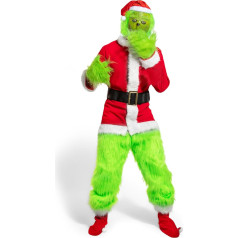 Yearsahrk Grinch Costume Adult 7-Piece Santa Claus Costume Christmas Suit Green Monster Costume Outfit Halloween Costume Cosplay Props