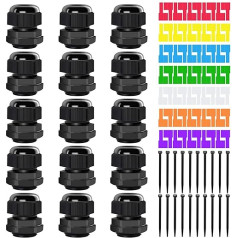 Youmile Pack of 15 PG13.5 Водонепроницаемый Кабельный ввод IP68 Регулируемый 6-12 мм Нейлон Пластик Провод Разъем для соединительной коробки с 7 кабельны