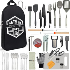 BOMKI BBQ & Camping Cooking Utensils Set for Outdoor Grill - Camping Utensils Set Camping Kitchen Set Cookware Accessories Camping Essentials Camping Stuff Camping Cooking Set (Black Pro)