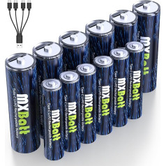 MXBatt Перезаряжаемые USB AA и AAA литиевые батареи 1,5 В Комбо, USB C Перезаряжаемые AA батареи 3400 мВтч 6 шт, 1,5 В AAA литиевые батареи 1200 мВтч 6 шт