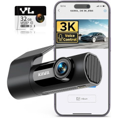 KAWA 3K Dash Cam Car Front с 32GB SD Card, голосовое управление, WiFi & App, режим парковки 24/7, G-сенсор, ночное видение, циклическая запись, приборная камера для г