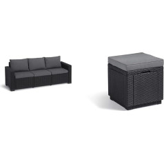 Keter Allibert by Garden Lounge California 3-местный диван, графитовый/холодный серый, 199 x 68 x 72 см и Allibert by Cube Stool с местом для хранения, серый, в комплекте подушк