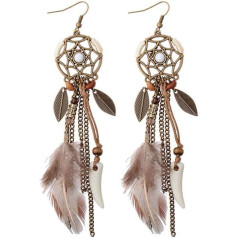 Женские ретро серьги-пусеты для проколотых ушей с подвесками в виде листьев и веревочек и круглым ловец снов коричневый