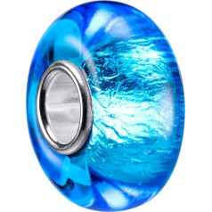MATERIA by Matthias Wagner Glass Bead Blue Aqua Glass Bead Pendant with Glitter Foil for Bracelet with Silver Sleeve 1429, Стекло