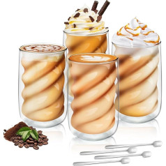 Tapvai Набор из 4 чашек для капучино, 350 мл, стаканы для латте макиато, двойные стенки, 4 ложки, термостойкие стаканы, стаканы для кофе из боросил