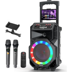 Караоке-машина HUABAO с 2 беспроводными микрофонами, колесами и тележкой - 8800mAh портативная Bluetooth колонка, PA система со светом, регулируемые низ