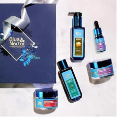 Blue Nectar Bestsellers Geschenkset für Frauen & Männer | Kumkumadi Gesichtsserum, Anti-Aging-Creme, Haaröl, Gesichtswäsche & Peeling | Geschenkbox für Geburtstag, Jahrestag & besondere Anlässe | Für