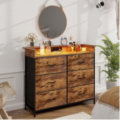 Комод VEDECASA с 6 ящиками и светодиодной подсветкой, 2 USB-портами и 2 розетками, сервант с деревянным верхом и тканевыми ящиками, металлический к