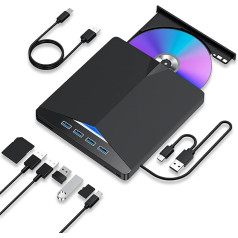Zingle Внешний CD/DVD-привод для ноутбука, DVD-плеер для ноутбука, 4 USB-порта, 2 слота для TF/SD-карт, USB 3.0, портативный CD DVD-привод, плеер, записывающее ус
