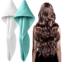 YFONG Mikrofaser-Handtuch für Damen, super saugfähig, schnell trocknend, Haarturban für alle Frisuren, Anti-Frizz, großes Haartrockentuch mit Knopf, 2 Stück