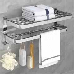 Держатель полотенец для ванной комнаты HONPHIER Towel Rail Wall Mounted Foldable Towel Holder Stainless Steel Bath Towel Holder with Hooks Multifunctional Towel Holder for Bathroom Kitchen Bathroom Toilet (Silver, 19