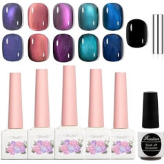 Adhere Cat Eye Soak Off UV LED Gel Nail Polish Set, Water Light Sensation Colourful Light Ultra Fine Magnetic Powder Blue Green Cat Eye with Magnet + 7.3 ml Black Colour Gel Polish 5 Pieces 12 ml