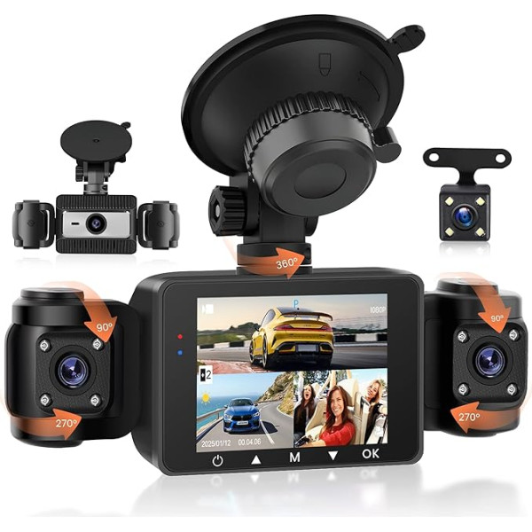 Rimoody 4 канала Dash Cam автомобиля 360 ° с 4 х камеры FHD 1080P передней и задней левой правой, 2,4 дюйма 1080P Dash Camera Автомобильная камера с ИК-ночного виден