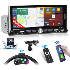 Inefala 1 DIN Автомобильное радио с беспроводным Carplay и Android Car, 6,9-дюймовый экран с Bluetooth, Mirror Link, RDS FM поддержка, управление на руле, эквалайзер, USB, Ty