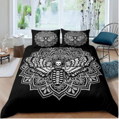 Boho-Mandala-Bettbezug-Set mit Totenkopf-Motiv, für Kinder, Jungen, Erwachsene, fliegendes Skelett, Schmetterling, Bettdeckenbezug, Boho-Blumenmuster, Bettbezug mit 2 Kissenbezügen, schwarz, grau